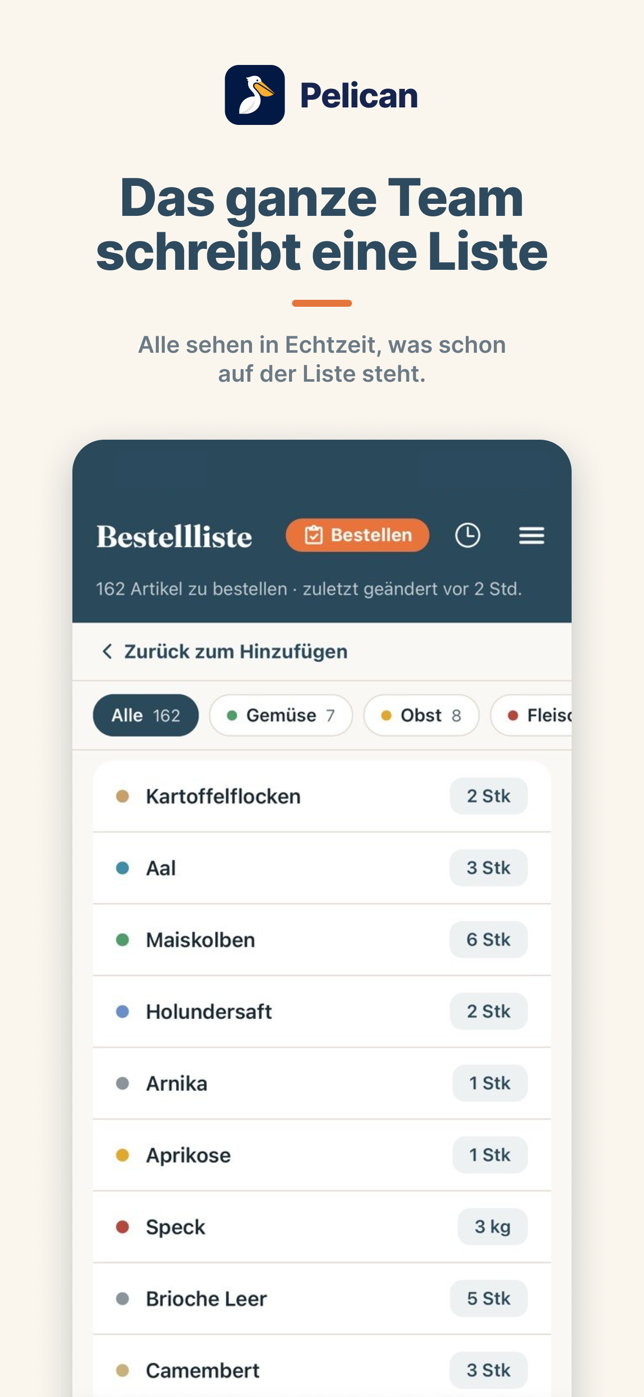 Pelican App: gemeinsame Bestellliste für das ganze Küchenteam