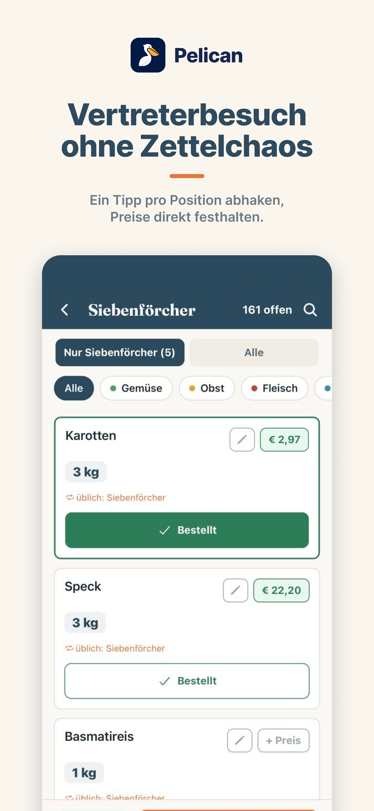 Pelican app: supplier mode for checking off items during the rep visit