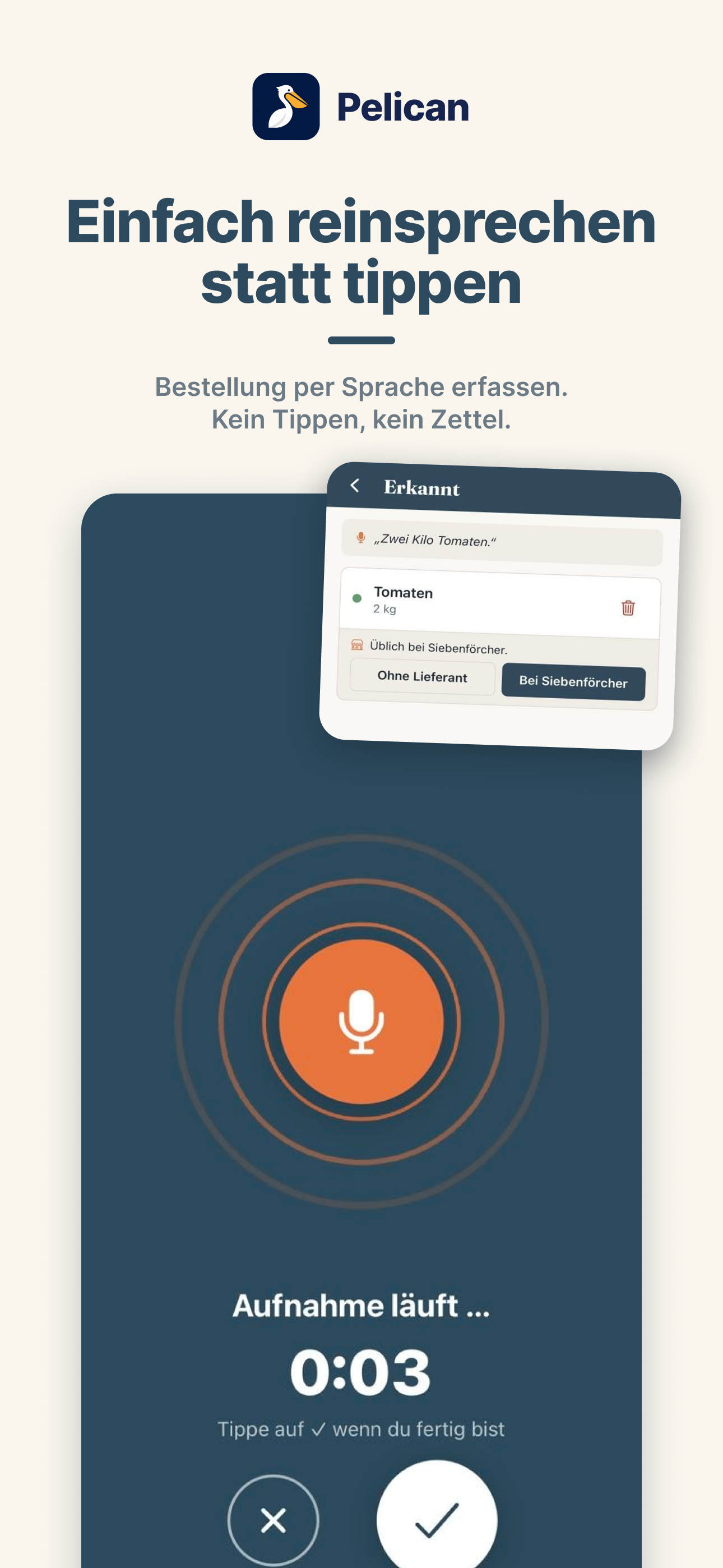 Pelican app: adding to the kitchen order list by voice