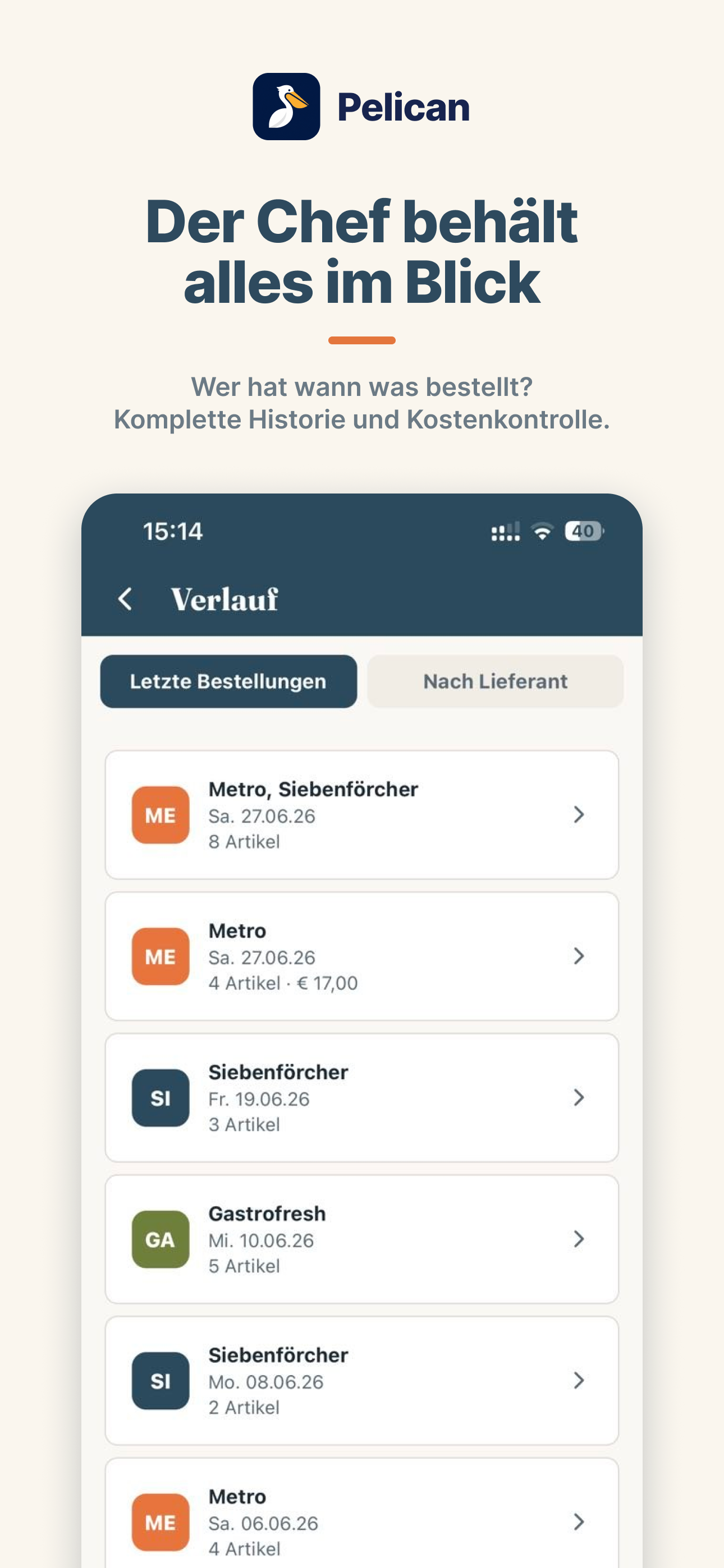Pelican App: Bestellverlauf mit Ausgaben pro Lieferant und Woche