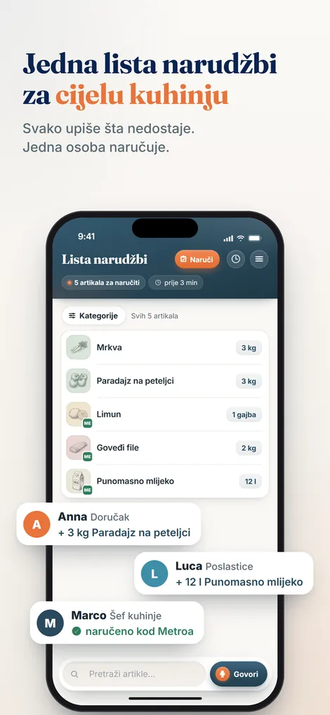 Aplikacija Pelican: zajednička lista narudžbi za kuhinju, s dugmetom Govori za dodavanje artikala glasom