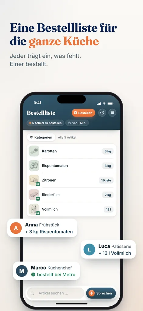 Pelican App: gemeinsame Bestellliste für das ganze Küchenteam