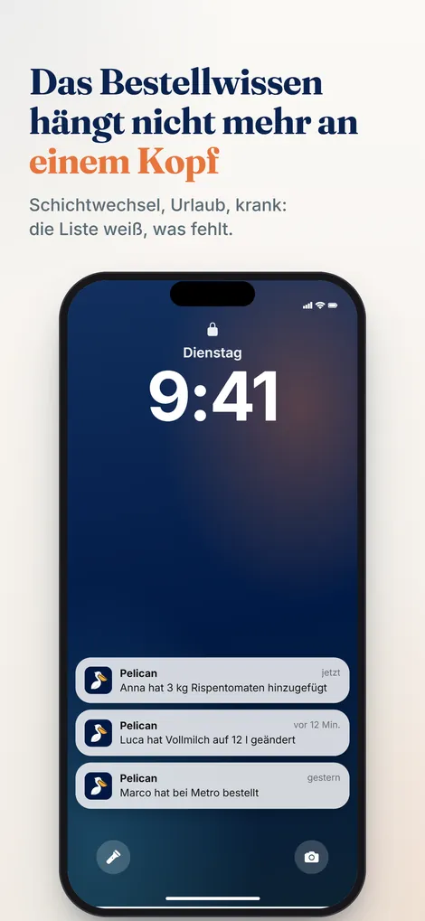 Pelican App Screenshot: Benachrichtigung, wenn das Team etwas einträgt oder bestellt