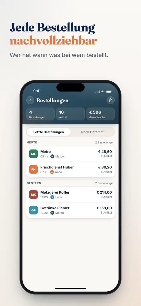 Pelican App: Bestellverlauf mit Bestellungen, Artikeln und Ausgaben der Woche