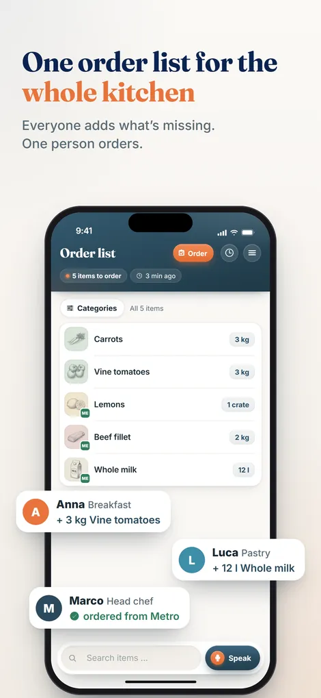 Pelican app: the kitchen's shared order list, with a Speak button for adding items by voice