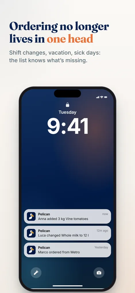 Pelican app screenshot: notifications when the team adds or orders something