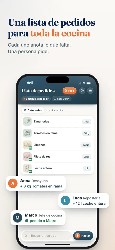 App Pelican: la lista de pedidos compartida de la cocina, con botón Hablar para agregar por voz