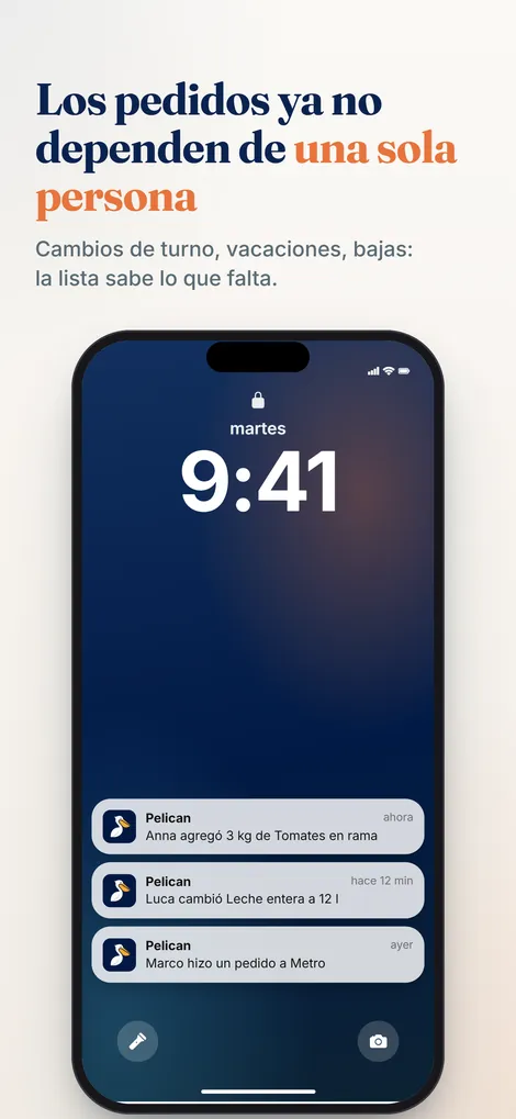 Captura de la app Pelican: notificación cuando el equipo anota o pide algo