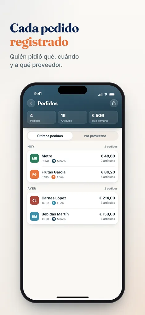 App Pelican: historial de pedidos con proveedor, hora e importe