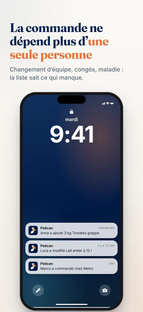 Capture de l’application Pelican : notification quand l’équipe ajoute ou commande un article
