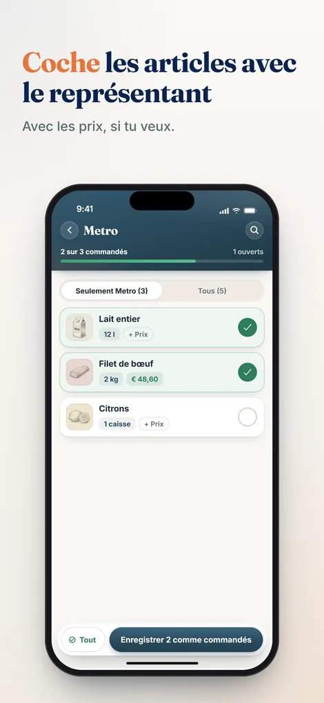 Application Pelican : cocher les articles pendant la visite du représentant, prix en option