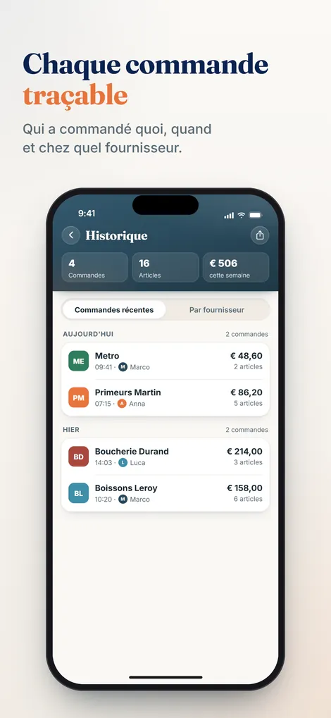 Application Pelican : historique des commandes avec fournisseur, heure et montant de chaque commande