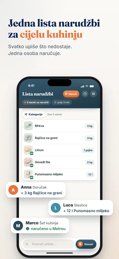 Aplikacija Pelican: zajednička lista narudžbi za kuhinju s gumbom Govori za dodavanje artikala glasom