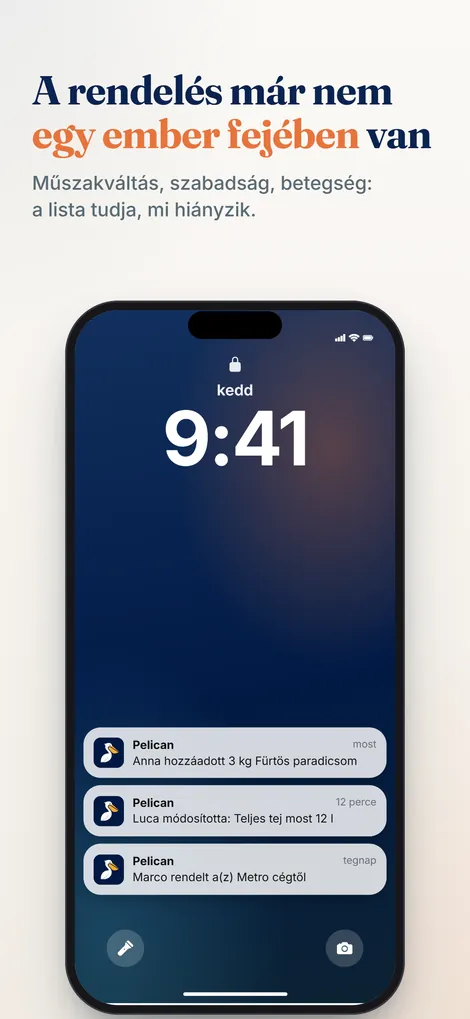 Pelican app képernyőkép: értesítés, amikor a csapat felvesz vagy megrendel valamit