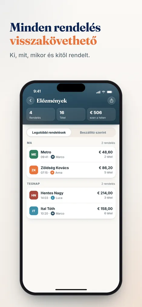Pelican app: rendelési előzmények a heti rendelésekkel, tételekkel és kiadásokkal