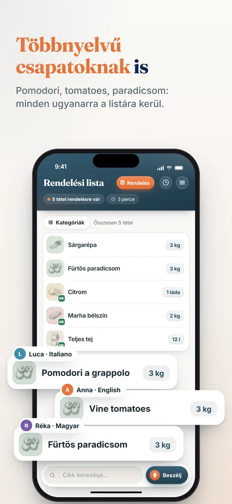 Pelican app: a Pomodori, a Tomaten és a tomatoes ugyanazként a tételként kerül egy listára