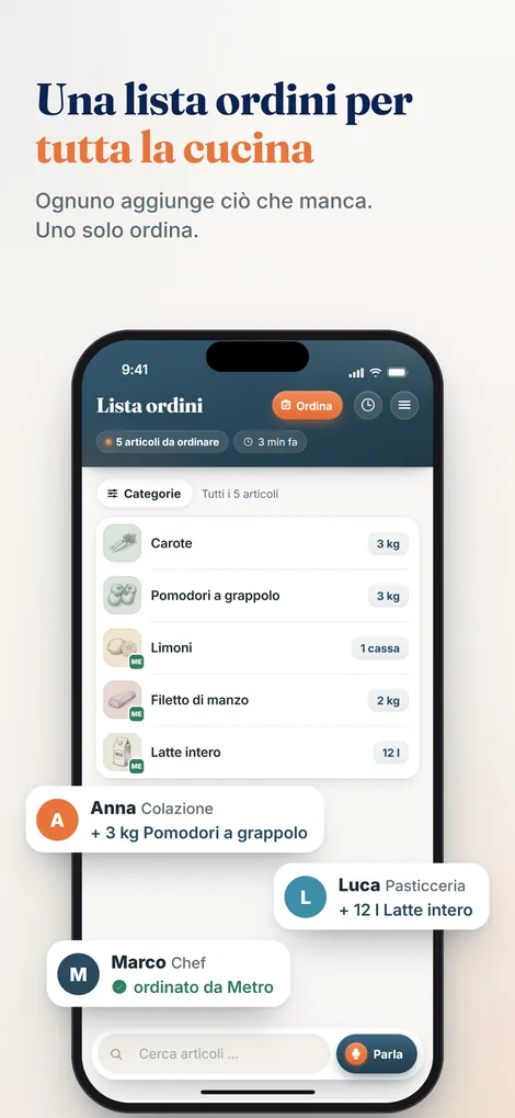 App Pelican: un'unica lista ordini condivisa per tutta la cucina, con il pulsante Parla per aggiungere a voce