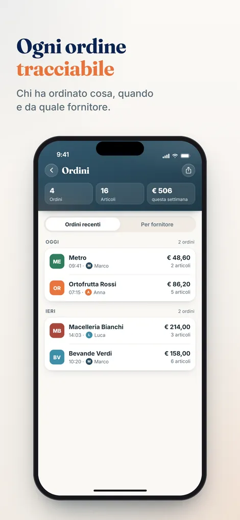 App Pelican: storico ordini con ordini, articoli e spese della settimana per fornitore