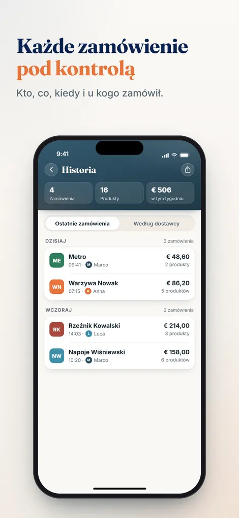 Aplikacja Pelican: historia zamówień z zamówieniami, produktami i wydatkami w danym tygodniu