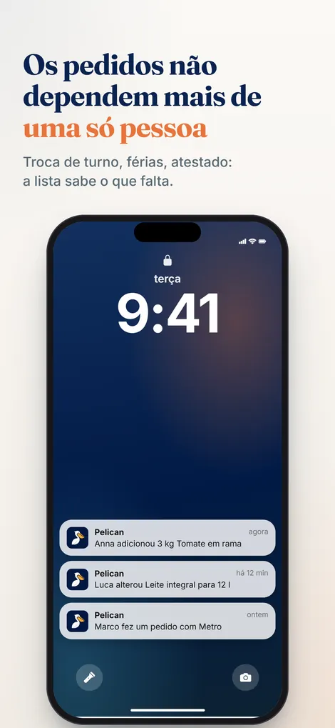 Tela do app Pelican: notificação quando a equipe adiciona ou pede algo