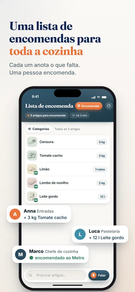 App Pelican: a lista de encomenda partilhada da cozinha, com um botão Falar para adicionar artigos por voz