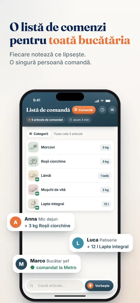 Aplicația Pelican: lista de comandă comună a bucătăriei, cu butonul Vorbește pentru adăugare vocală